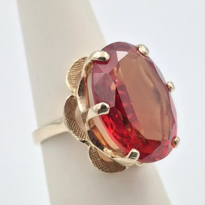 10K Yellow Gold Large Oval Orange Lab-Created Padparadscha Sapphire Ring sz 5.5 - Image 1 of 4