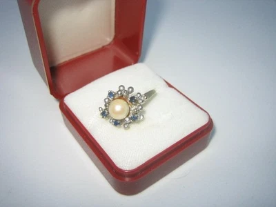 Weissgold Ring 585 Weißgold Damen blaue Steine + Perle gebraucht - Bild 1 von 4