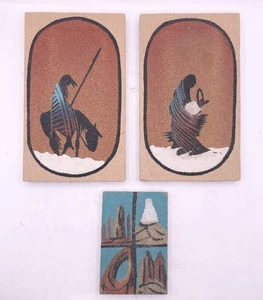Vintage 3pc Sand Art Hand Painted Native American Southwest Wood Tiles Signed - Picture 1 of 5