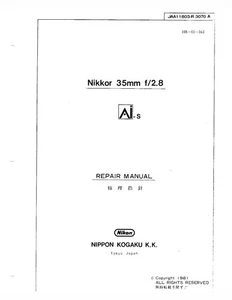 NIKON AI-S Nikkor 35mm f2.8 Lens Service Repair Manual & Parts List PDF READ - Picture 1 of 3