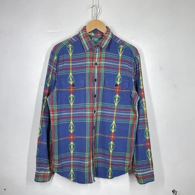 Vintage Ralph Lauren Flannel Shirt Mens M Blue Aztec Southwestern Check - Image 1 of 4