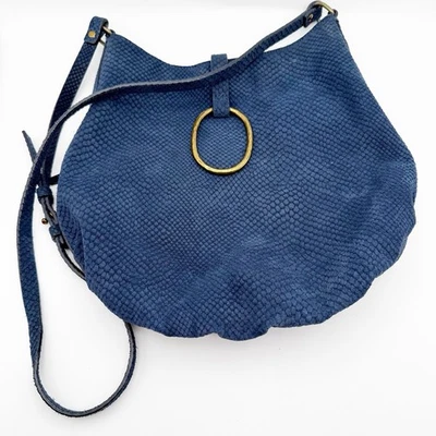 Lucky Brand Crossbody Bag Purse Blue Embossed Suede Brass Ring Boho Adjustable - Image 1 of 4