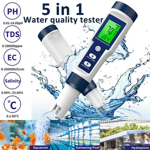 5 in 1 Digital Water Quality Tester Pen LCD PH/TDS/EC/Salinity/Temperature Meter - Picture 1 of 11