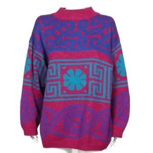 Vintage Le Moda 80s Magenta Purple Aqua Metallic Thread Sweater Womens sz M /515 - Picture 1 of 5