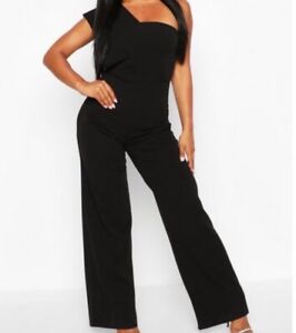 Boohoo black one shoulder size US4 jumpsuit, wide leg and pull on style