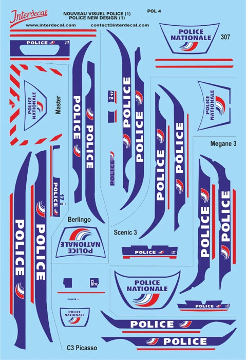 INTERDECAL Désign Police Française, Peugeot 307, Renault Scénic, Mégane, Master 1/43