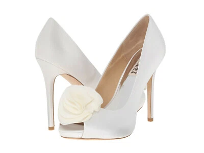 NIB $215 Badgley Mischka Amber Open Toe Wedding Pumps White Satin 8 - Image 1 of 4
