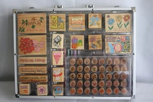 Large Lot with Case Color Mounted Wooden Stamps Pigment Stamp Pad Brush Pens Set - Picture 1 of 5