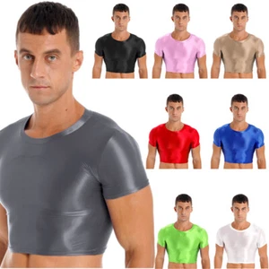 Mens Smooth Short Sleeve Crop Tops Solid Color Round Neck Slim T-shirts Swimwear - Picture 1 of 118