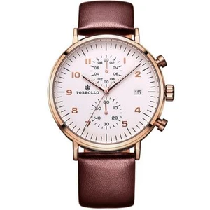 Reloj de lujo de cuarzo redondo para hombre Torbollo oro rosa relojes cuero marrón - Imagen 1 de 7
