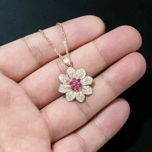 2Ct Round Cut Lab Created Red Ruby Cluster Flower Pendant 14K Yellow Gold Plated - Picture 1 of 7