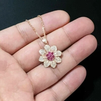 2Ct Round Cut Lab Created Red Ruby Cluster Flower Pendant 14K Yellow Gold Plated - Image 1 of 4