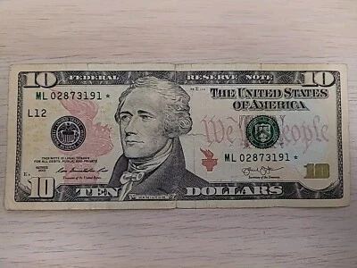 Star Note 2013 $10 [Ten US Dollar Bill] Rare Federal Reserve Note -ML 02873191* - Image 1 of 3