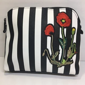Nordstrom Embroidered Flowers Design Cosmetic Bag Black White Stripes - Picture 1 of 7