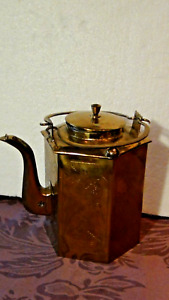 ANTIQUE CHINESE BRASS OCTOGONAL SHAPE TEA POT WITH BIRDS ENGRAVING ON SIDES.