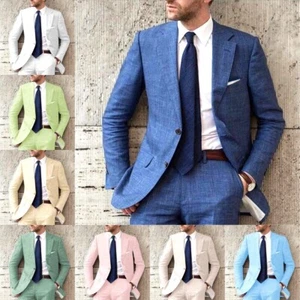 Men 2 Pieces Linen Notch Lapel Suit Groomsmen Wedding Tuxedos Suit Blazer+Pants - Picture 1 of 23