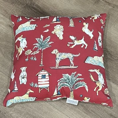 Hampton Bay Red Dogs & Beach Themed Throw Pillow 17x17” Spot Clean AllOver Print - Image 1 of 4