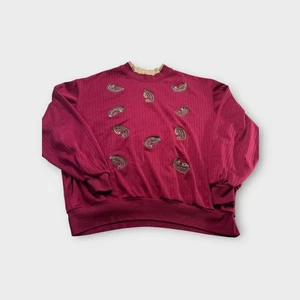 Gerippter Paisley Pullover mit Stehkragen Oberteil Burgund Vintage Pulli Gr. XL - Bild 1 von 13