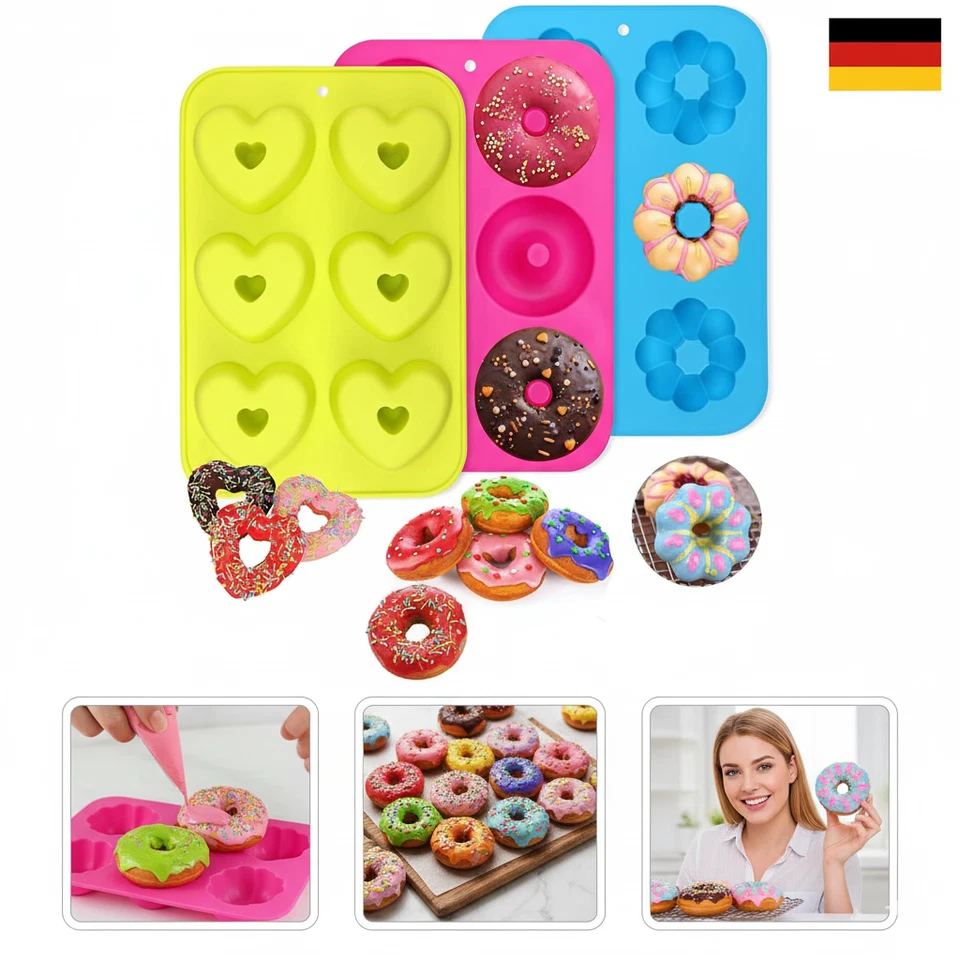 3 Stück Silikon Donutformen, 6 Hohlräume Donut Backform Antihaft-Backblech, 260℃ - Bild 1 von 1