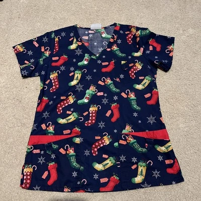 Christmas Stocking Snowflake UA Scrub Shirt Large Blue Vneck Short Sleeve  - Image 1 of 4