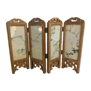 Antique Japanese Silk Painted Glass And Wood Miniature Folding Screen Table Top - Picture 1 of 13