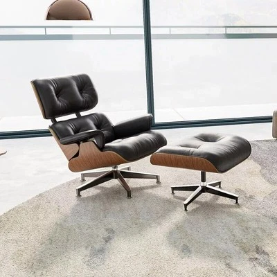 Vintage Tall Eames Lounge Chair and Ottoman Swivel Armchair Real Leather Walnut - Image 1 of 4