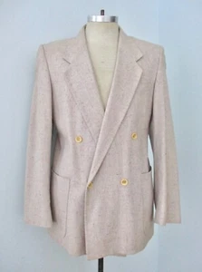 Vtg 80s New Wave Speckle Beige Linen? Double Breasted Blazer Big Shoulders 40 - Picture 1 of 11