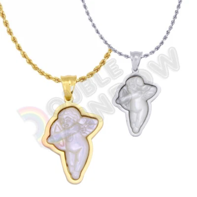 Baby Angel Cupid Stainless Steel w/Pearl Necklace Valentine's 3mm Rope Chain*P73 - Image 1 of 4