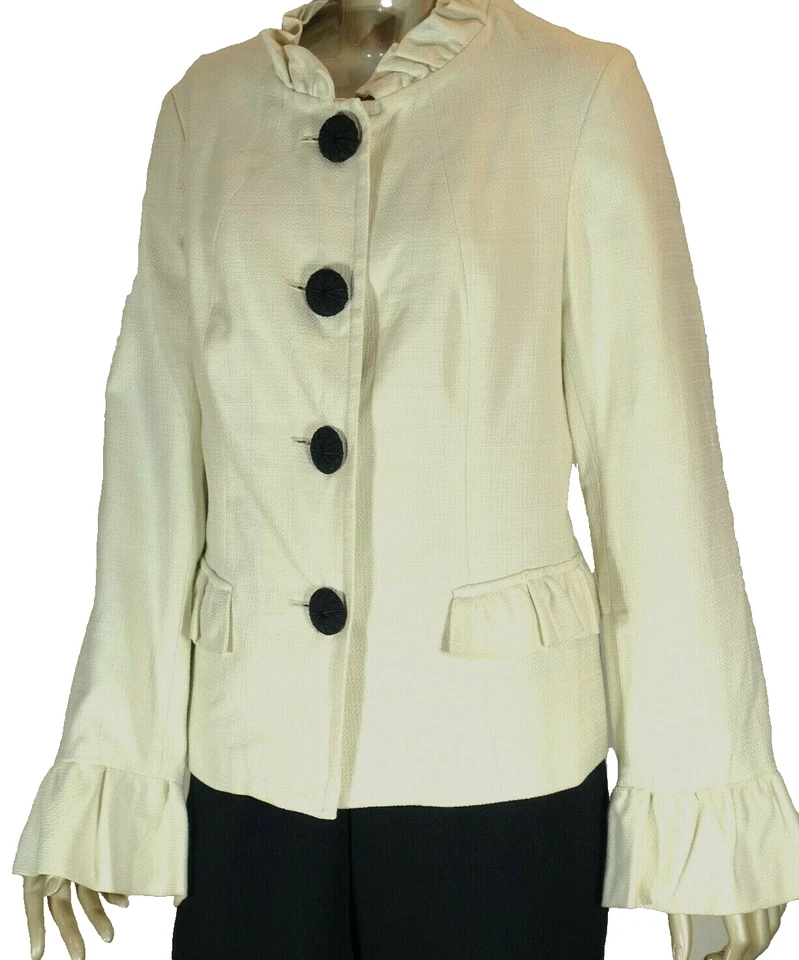 DIÁLOGO~¡COMO NUEVO!!~BLAZER DE ALGODÓN AJUSTADO TEJIDO TEXTURIZADO MARFIL CREMOSO RIBETE CON VOLANTES-M Foto 1 de 4