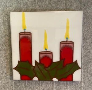 BESHEER Art Tile New Hampshire 6” Square Christmas Tile Trivet Candles & Holly - Picture 1 of 6