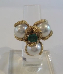 Custom Made Estate 18 K Yellow Gold, 10 mm Pearl & Emerald Ring , Size 6 - Picture 1 of 9