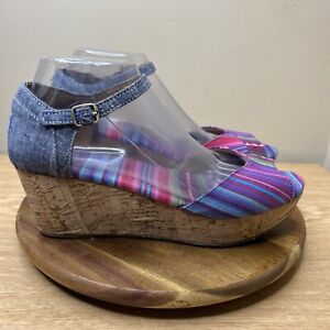 Toms Sandals Womens 8.5 Denim Canvas Multi Stripe Platform Ankle Strap Wedge