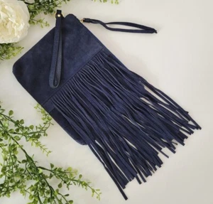Banana Republic navy blue Italian  suede leather fringe pouch - Picture 1 of 11