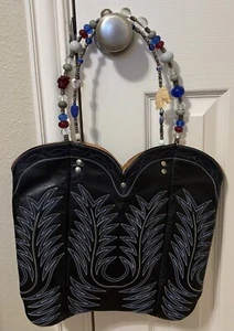 Western Cowboy Boot Purse Custom Leather Black & Blue Beaded Handle - Picture 1 of 9
