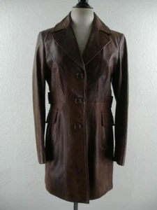 Women's L Guess Brown Leather Jacket Coat Three-Button Dress Trench Military Vtg - Picture 1 of 18