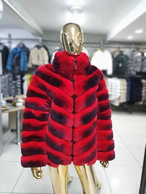 Men Real Rex Rabbit Fur Coat Nature Chinchilla Color Jacket Winter Warm Overcoat - Image 1 of 4