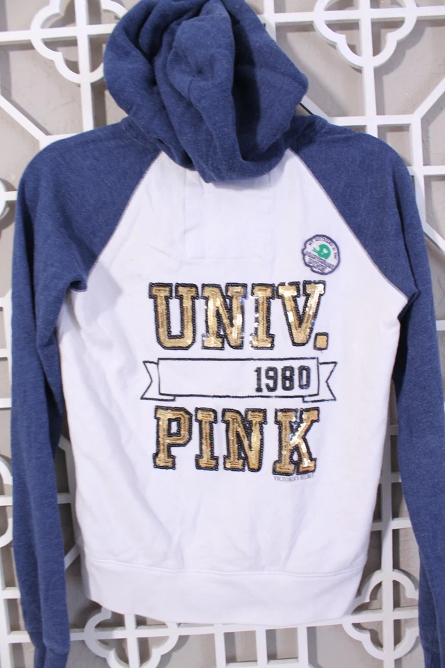 Victoria's Secret ROSA Sudadera con Capucha Mujer S Blanco Azul Glamour Lentejuelas Cremallera Completa Univ 1980 Foto 1 de 4