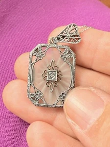 Signed Sterling Silver Diamond & Art Deco Filigree Camphor Glass Necklace - Picture 1 of 8