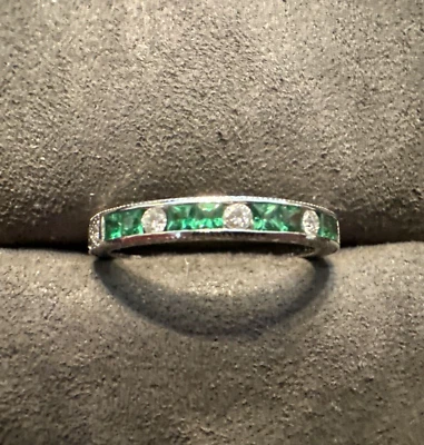 14K White Gold Princess Cut Tsavorite Garnet Round Diamond Anniversary Band - Image 1 of 4