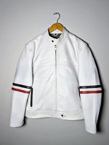 Striking White Oversized Racing Leather Jacket Retro 90s Punk/Rock Striped Style - Picture 1 of 9