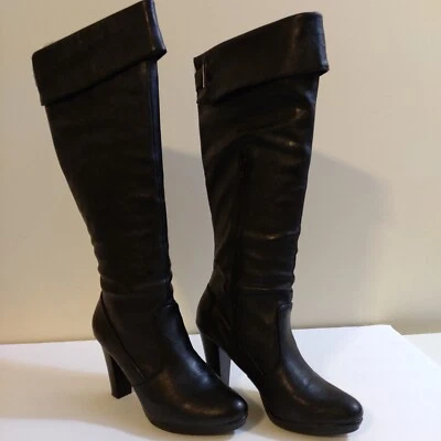 NEW Andrew Geller Black Cuffed Tall Heeled Boots. Women's Size 6.5m. Zipper - Image 1 of 4