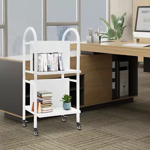 2-tier Library Book Storage Cart Rolling Book Truck Book Cart W/ Handle+4 Wheels - Picture 1 of 16