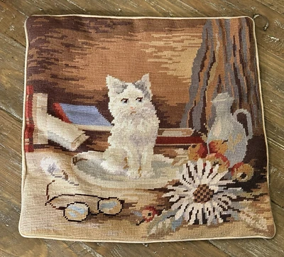 Vintage Needlepoint Cat Pillow Cover Handmade Wool Grannycore 16"x15” Read - Image 1 of 4