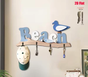 Wooden Beach Key Holder Hanging Rack Hooks Nautical Seagull Fish Ocean Sea gulls - Picture 1 of 5