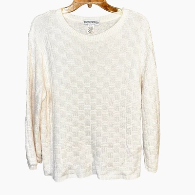 Vintage Basket Weave White Sweater M Soft Cotton Blend Quiet Luxury USA Knitwear - Bild 1 von 4