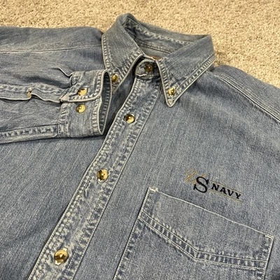 Gear for Sports US Navy Denim Shirt M Blue Jean Button Up Embroidered Logo Y2K - Image 1 of 4