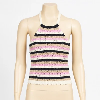 Vero Moda Halter Top Listrado Crochê Rosa Bege Preto Festival Casual Médio - Imagem 1 de 4