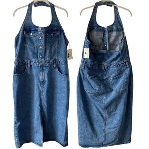 UNIVERSAL THREAD NWT Halter Denim Slit Hem Midi Jean Dress Size 16 Blue Y2K - Picture 1 of 7