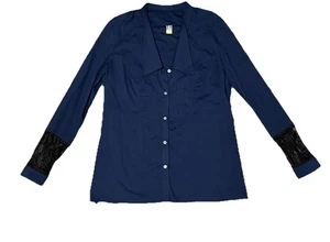 Rachel Roy Navy Blue Collared Top Sz 6 Small Black Lace Accents Button Up Shirt - Picture 1 of 8