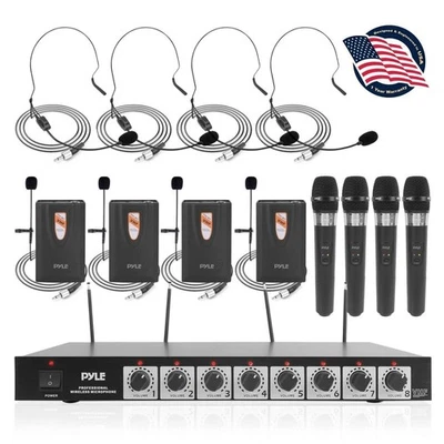 Pyle Rack Mount Wireless Microphone System w/ 4 Lavalier & 4 Handheld Mics